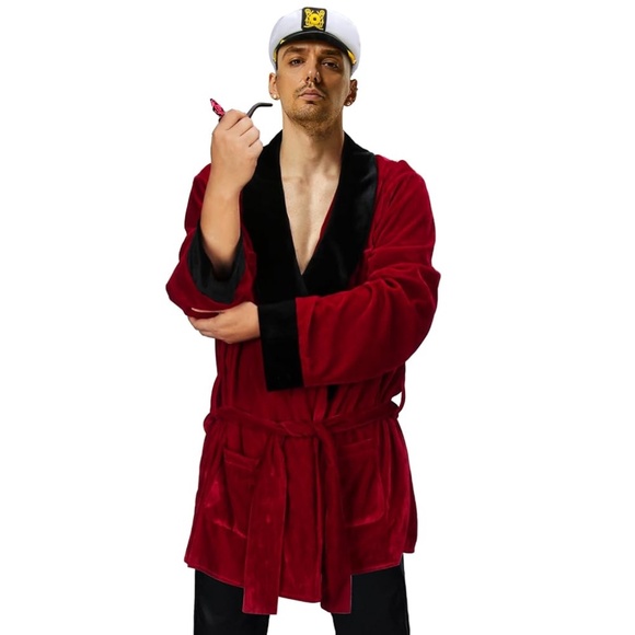 NWOT Men's Cosplay Pajama Red Velvet Robe with Belt Captain Hat Fake Pipe Size M - Picture 1 of 12